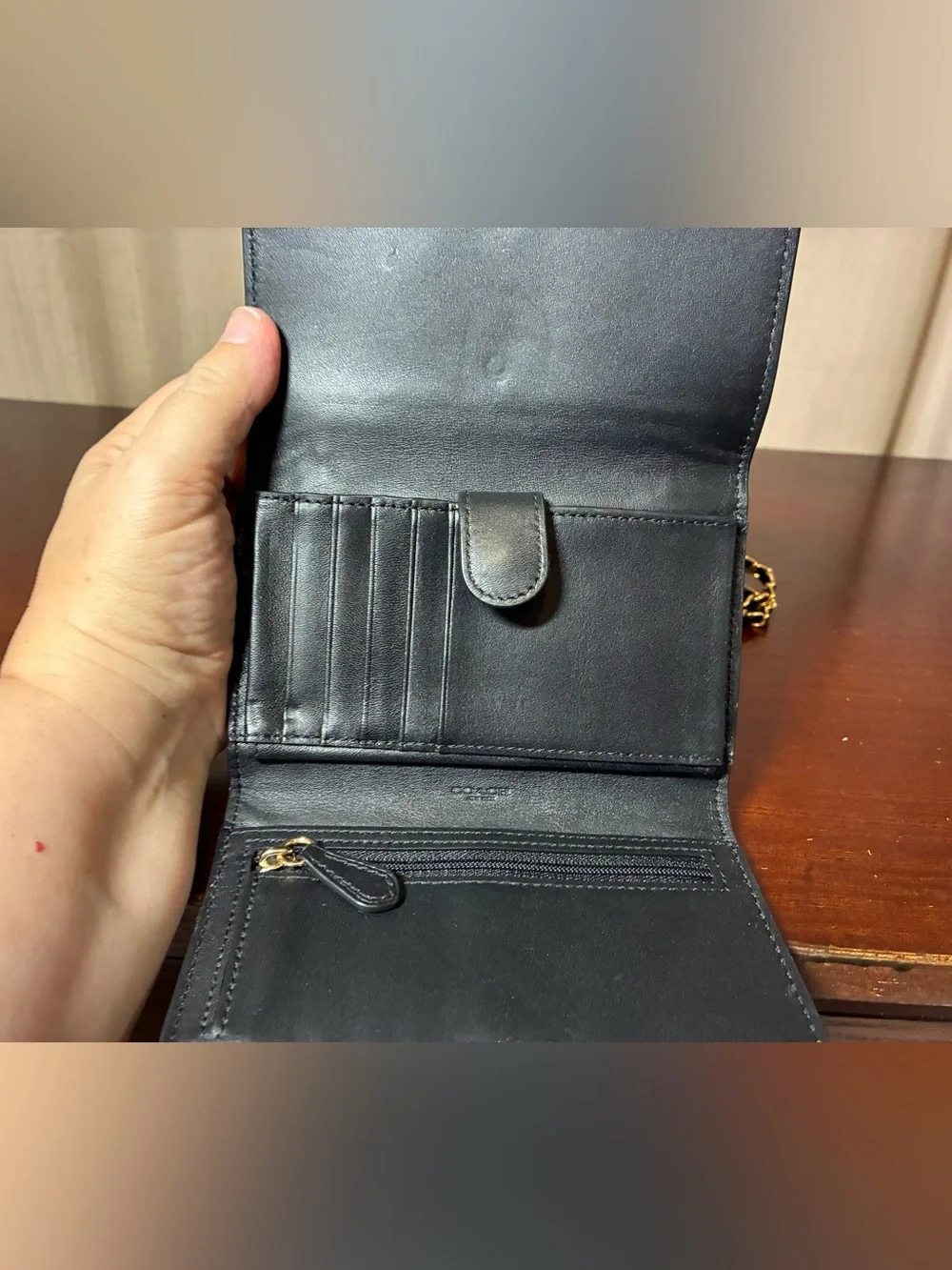 Coach Black Leather Wallet Crossbody with Gold Chain